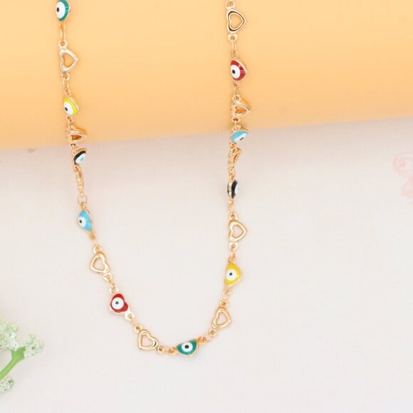 Rose Gold Plated Heart & Multicolor Evil Eye Necklace, XPNL0276 - Picture 9 of 12